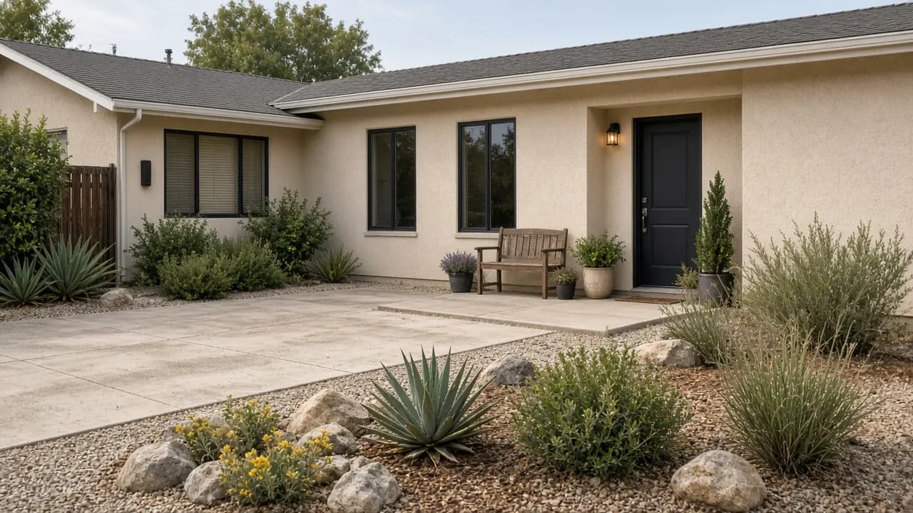 Illustration: attached ADU built onto the side of a single-story stucco home, with its own entry door and a small patio at the end of the driveway