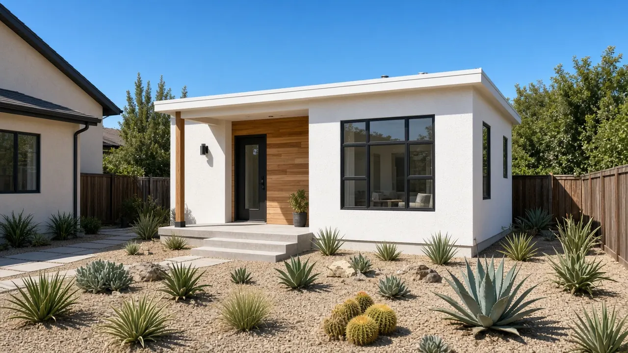 Illustration: single-story detached ADU with white stucco and wood accents in a Southern California backyard with drought-tolerant landscaping