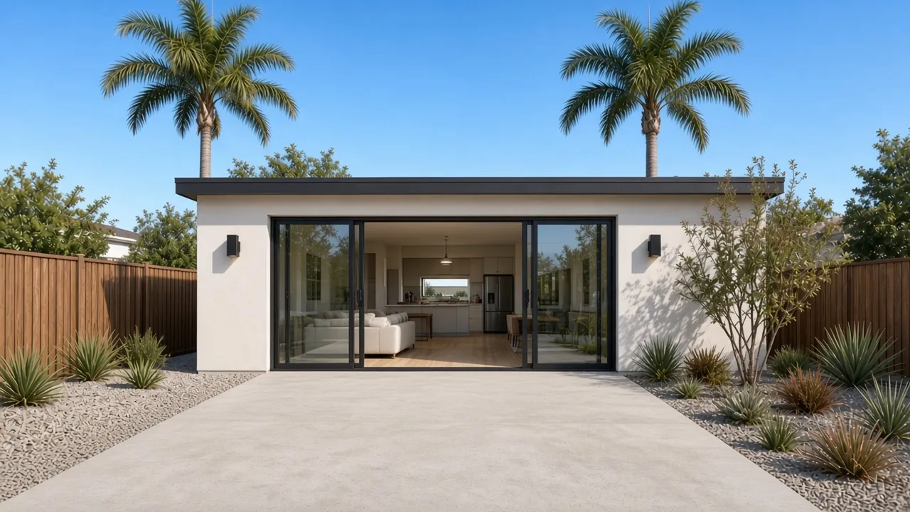 Illustration: garage converted into an ADU, with the old garage door replaced by a wide black-framed sliding glass door, a level concrete driveway leading right up to it, and desert landscaping