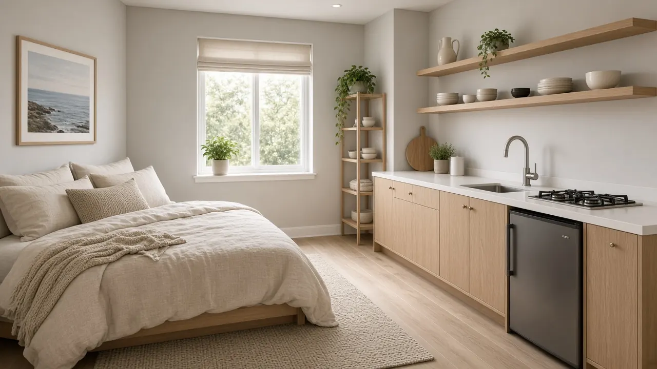 Illustration: junior ADU studio inside a home with a bed and an efficiency kitchenette